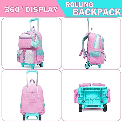 Meetbelify Backpack with Wheels for Girls Rolling Backpack Cute Carry on Backpack for Elementary Student - Image 3