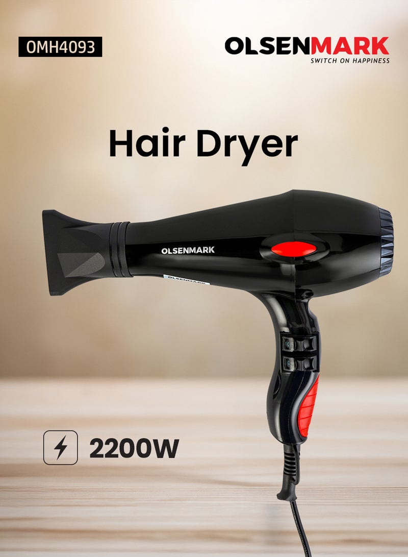 Olsenmark Hair Dryer OMH4093K, High Speed hair styler, POWER: 2200W - 2400W, Quiet Sound 2 Speed and 2 Heat Settings, Quick Drying Styling 2 Years Warranty, Black Black - Image 1