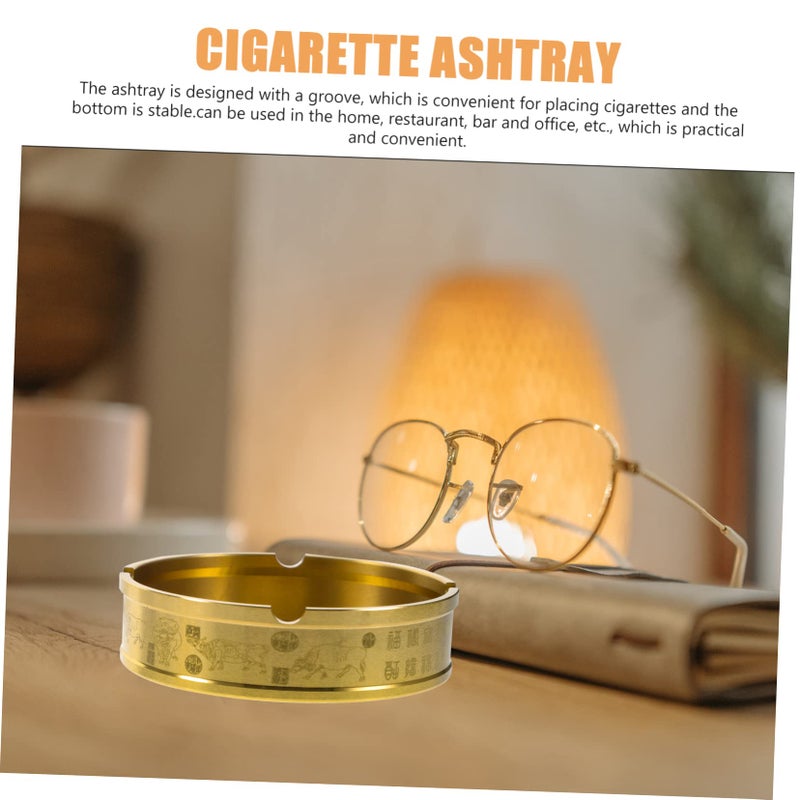 Retro Round Brass Ashtray Vintage Pattern Tabletop Container For Home Office Bar - Image 5