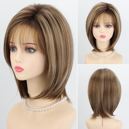 RENERSHOW Brown Short Wigs for White Women 12inch Layered Brown mix Blonde Midlength Pixie Bob Wig with Bangs Straight Heat Synthetic Natural Daily Party Average Size Wig - Image 1