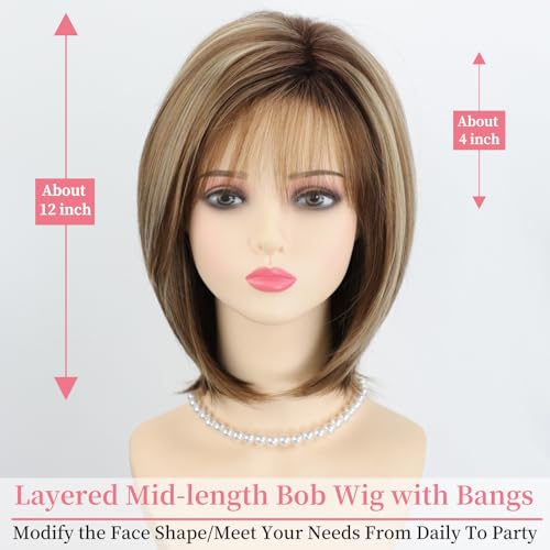RENERSHOW Brown Short Wigs for White Women 12inch Layered Brown mix Blonde Midlength Pixie Bob Wig with Bangs Straight Heat Synthetic Natural Daily Party Average Size Wig - Image 3