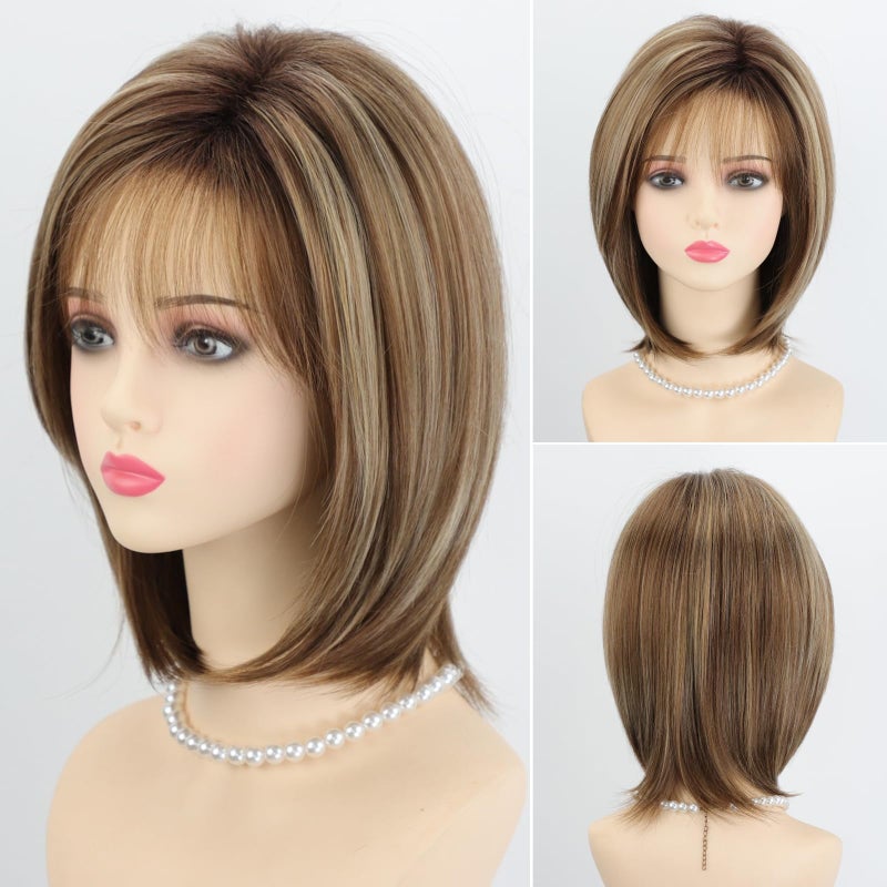 RENERSHOW Brown Short Wigs for White Women 12inch Layered Brown mix Blonde Midlength Pixie Bob Wig with Bangs Straight Heat Synthetic Natural Daily Party Average Size Wig - Image 2