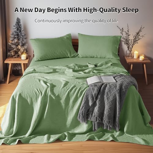 LBRO2M 100 Pure Linen Sheet Set Deep Pocket Up to 16 Bed Sheets Sets Natural Flax Beddings Soft Breathable Comfortable for All Seasons 4 Pcs Sheet Set Queen Size Green - Image 3