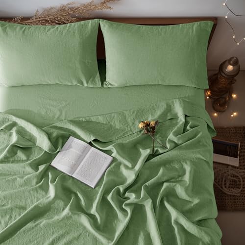 LBRO2M 100 Pure Linen Sheet Set Deep Pocket Up to 16 Bed Sheets Sets Natural Flax Beddings Soft Breathable Comfortable for All Seasons 4 Pcs Sheet Set Queen Size Green - Image 1