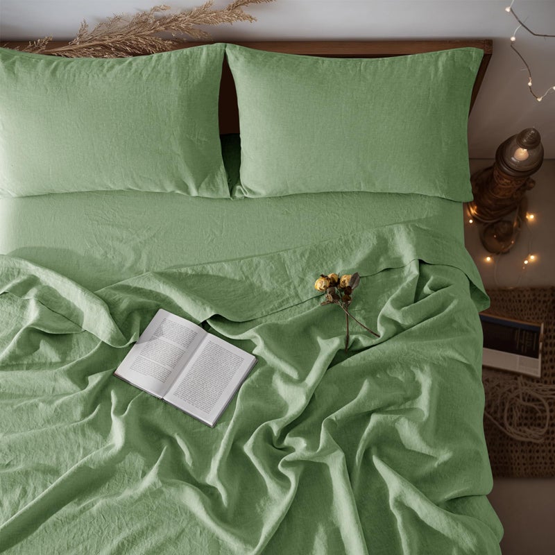 LBRO2M 100 Pure Linen Sheet Set Deep Pocket Up to 16 Bed Sheets Sets Natural Flax Beddings Soft Breathable Comfortable for All Seasons 4 Pcs Sheet Set Queen Size Green - Image 2