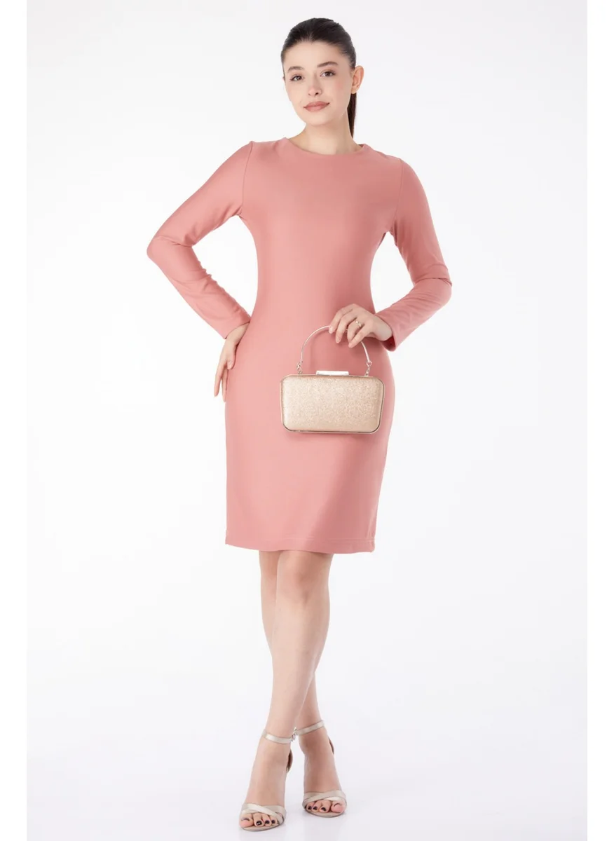 Tofisa Plain Crew Neck Women's Pink Evening Dress - 13188