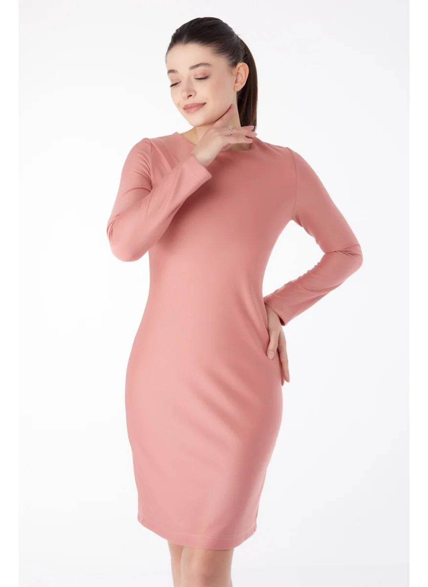 Tofisa Plain Crew Neck Women's Pink Evening Dress - 13188