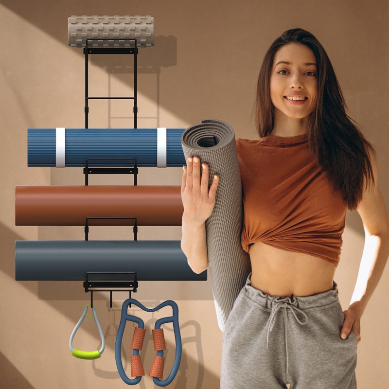 Kesito Yoga Mat Holder Wall Mount, Wall Rack Organizer, Storage Foam Roller and Block, with 5 Sectional and 3 Hooks for Hanging Yoga Strap, Resistance Bands at Fitness Class or Home Gym, Decor(Black) - Image 3