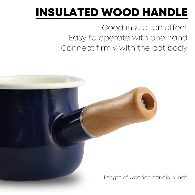 FARCADY 0.6qt Mini Enamel Milk Pot Insulated Wooden Handle 2 Pour Spouts Small Food Warmer Cute Saucepan(D015,Blue) â€¦ - Image 3