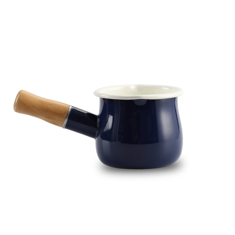 FARCADY 0.6qt Mini Enamel Milk Pot Insulated Wooden Handle 2 Pour Spouts Small Food Warmer Cute Saucepan(D015,Blue) â€¦ - Image 1