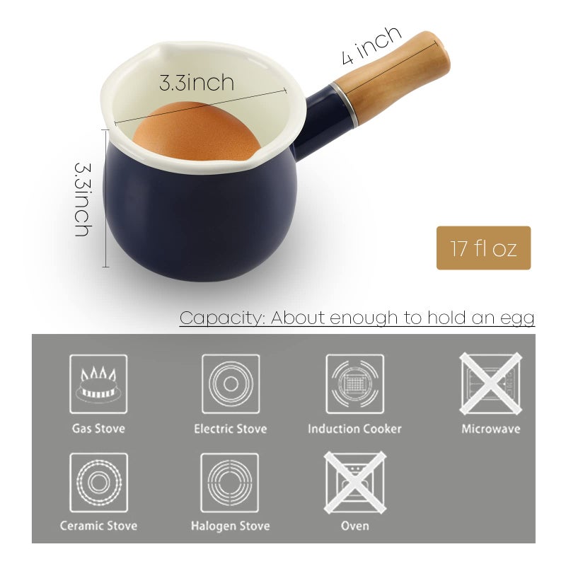 FARCADY 0.6qt Mini Enamel Milk Pot Insulated Wooden Handle 2 Pour Spouts Small Food Warmer Cute Saucepan(D015,Blue) â€¦ - Image 4