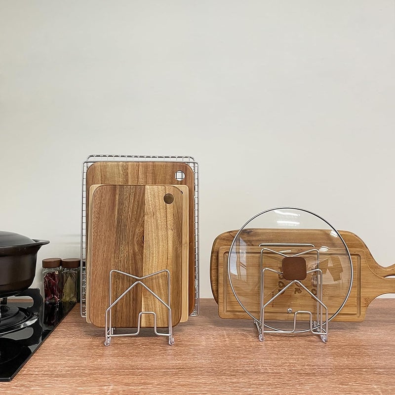 SUNFICON 2 Pack Pot Lid Organizer Cutting Board Holder Inside Cabinet 304 Stainless Steel Pots and Pan Organizer Under Cabinet Pot Cover Cookie Sheet Bakeware Serving Tray Cooling Rack Stand Kitchen Countertop - Image 3