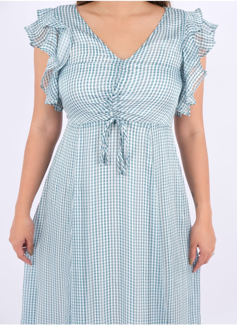 ONLY - Women’s Check Design Butterfly Sleeves Dress in Green Gingham - Image 1