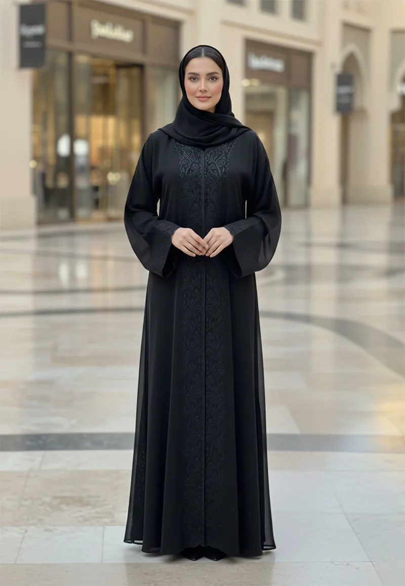 NUKHBAA Classic Black Abaya with Intricate Tonal Cutwork | Nida Fabric-802