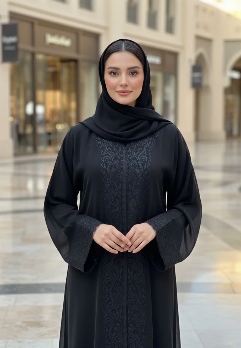 NUKHBAA Classic Black Abaya with Intricate Tonal Cutwork | Nida Fabric-802