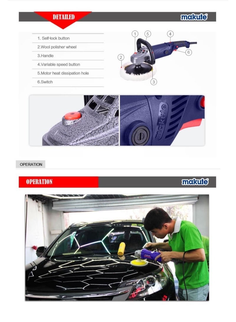 makute 1300W 180MM Corded Electric Polisher With Variable Speed And Detachable Handle Perfect For Car And Boat Polishing CP001 - Image 3