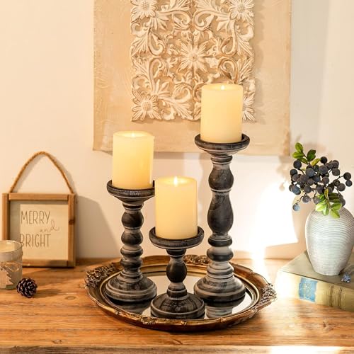 Inweder Wood Pillar Candle Holder: 3Pcs Rustic Candle Holders for Pillar Candles Wood Candle Holders Distressed Wooden Farmhouse Large Candle Holder for Fireplace Table (Black, 6", 8", 12") - Image 4