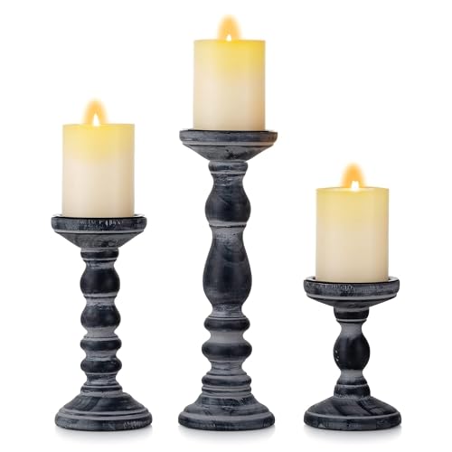 Inweder Wood Pillar Candle Holder: 3Pcs Rustic Candle Holders for Pillar Candles Wood Candle Holders Distressed Wooden Farmhouse Large Candle Holder for Fireplace Table (Black, 6", 8", 12") - Image 1