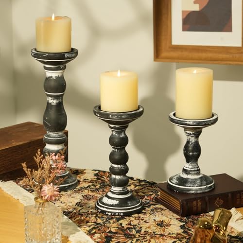 Inweder Wood Pillar Candle Holder: 3Pcs Rustic Candle Holders for Pillar Candles Wood Candle Holders Distressed Wooden Farmhouse Large Candle Holder for Fireplace Table (Black, 6", 8", 12") - Image 3