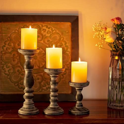 Inweder Wood Pillar Candle Holder: 3Pcs Rustic Candle Holders for Pillar Candles Wood Candle Holders Distressed Wooden Farmhouse Large Candle Holder for Fireplace Table (Black, 6", 8", 12") - Image 5