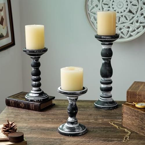 Inweder Wood Pillar Candle Holder: 3Pcs Rustic Candle Holders for Pillar Candles Wood Candle Holders Distressed Wooden Farmhouse Large Candle Holder for Fireplace Table (Black, 6", 8", 12") - Image 2