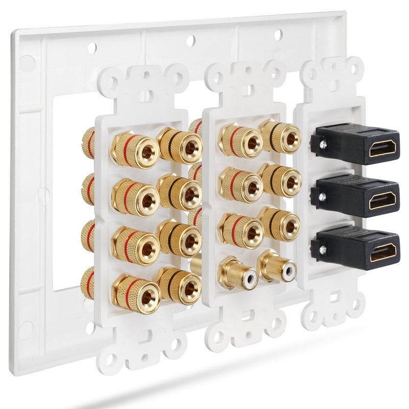 Fosmon 3 Gang Wall Plate, (3-Gang 7.2 Surround Sound Distribution) Home Theater Copper Banana Binding Post Coupler Type Wall Plated for 7 Speakers, 2 RCA Jacks for Subwoofers & 3 HDMI Ports - Image 4