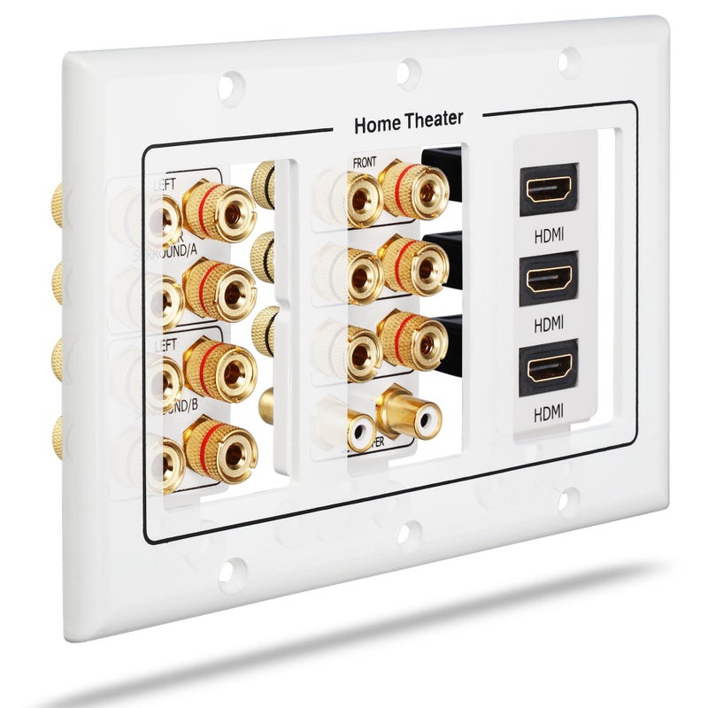 Fosmon 3 Gang Wall Plate, (3-Gang 7.2 Surround Sound Distribution) Home Theater Copper Banana Binding Post Coupler Type Wall Plated for 7 Speakers, 2 RCA Jacks for Subwoofers & 3 HDMI Ports - Image 3