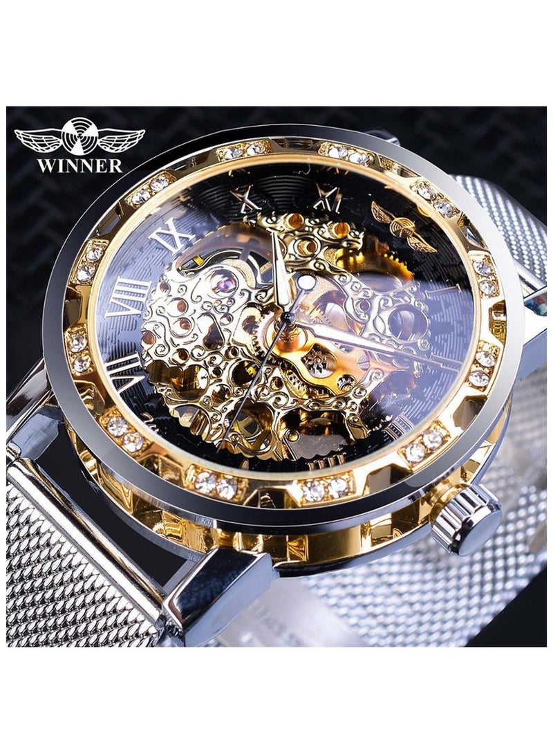 وينر ساعة رجالية ميكانيكية يدوية، كلاسيكية، أنيقة، عصرية، كاجوال، بسوار شبكي مجوف مرصع بأحجار الراين - Image 1