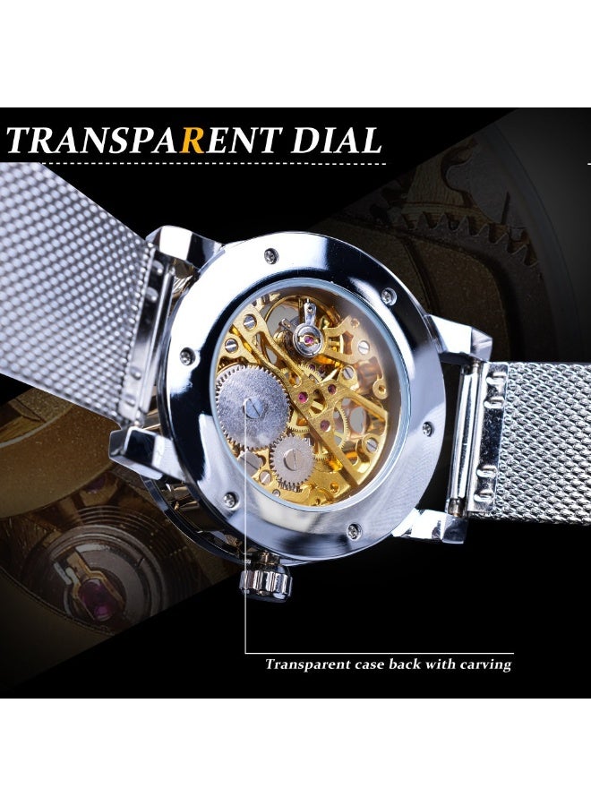 وينر ساعة رجالية ميكانيكية يدوية، كلاسيكية، أنيقة، عصرية، كاجوال، بسوار شبكي مجوف مرصع بأحجار الراين - Image 5