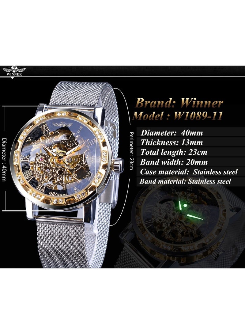 وينر ساعة رجالية ميكانيكية يدوية، كلاسيكية، أنيقة، عصرية، كاجوال، بسوار شبكي مجوف مرصع بأحجار الراين - Image 4