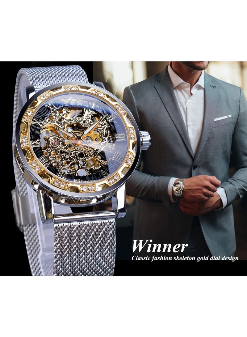 وينر ساعة رجالية ميكانيكية يدوية، كلاسيكية، أنيقة، عصرية، كاجوال، بسوار شبكي مجوف مرصع بأحجار الراين - Image 3