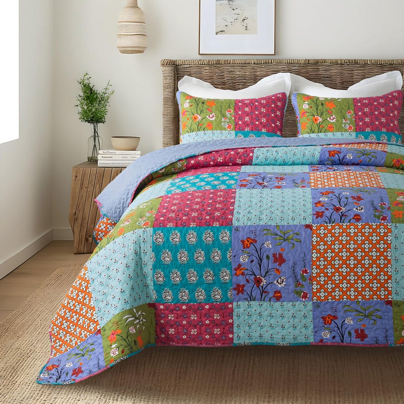 SLPR All is Bright 3-Piece Quilt Set â€“ King Size with 2 Shams, Summer Lightweight Quilted Bedspread with Colorful Patchwork, Bohemian Vintage-Inspired Bedding for All Seasons - Image 1