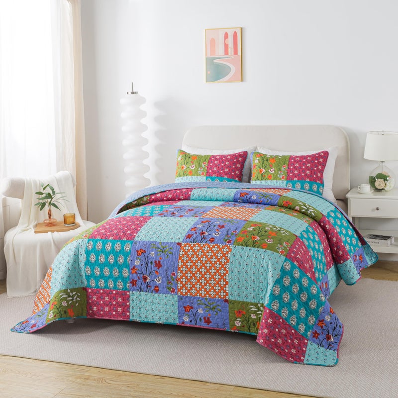 SLPR All is Bright 3-Piece Quilt Set â€“ King Size with 2 Shams, Summer Lightweight Quilted Bedspread with Colorful Patchwork, Bohemian Vintage-Inspired Bedding for All Seasons - Image 3