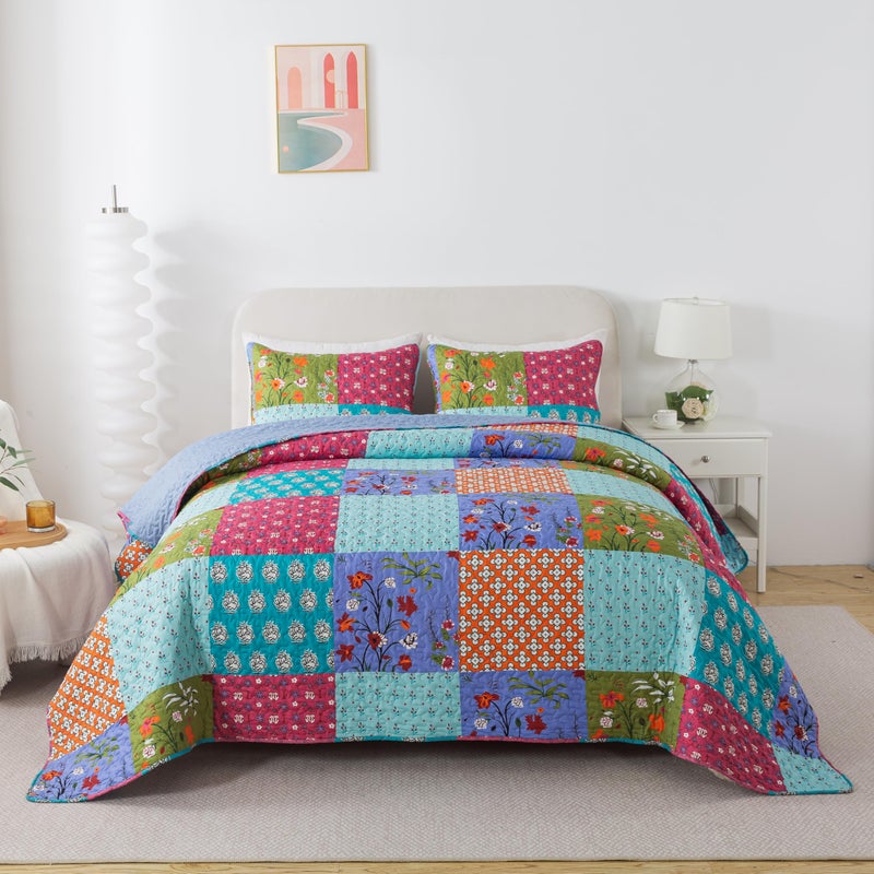 SLPR All is Bright 3-Piece Quilt Set â€“ King Size with 2 Shams, Summer Lightweight Quilted Bedspread with Colorful Patchwork, Bohemian Vintage-Inspired Bedding for All Seasons - Image 2