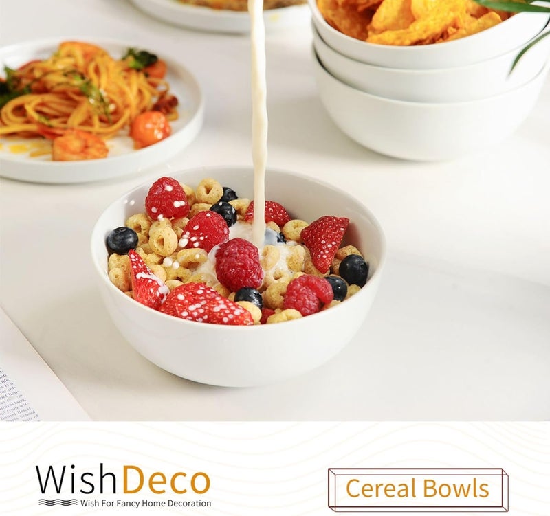WishDeco Cereal Bowls Set of 4, Ceramic Soup Bowls 600 ml / 20 oz, Breakfast Bowl ∅15 cm / 6 inch, White Bowl for Dessert, Oatmeal, Pasta, Noodle, Salad, Rice, Microwave & Dishwasher Safe - Image 2