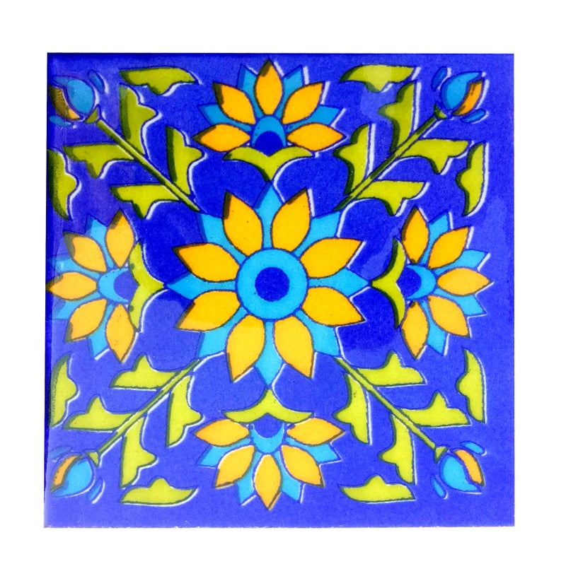Shiv Kripa Blue Pottery Home Decorative Ceramic Tiles Backsplash Mural Panel for Kitchen Washroom Mosaic 4 x 4 Inch Pack of 6 (Multi) - Image 2