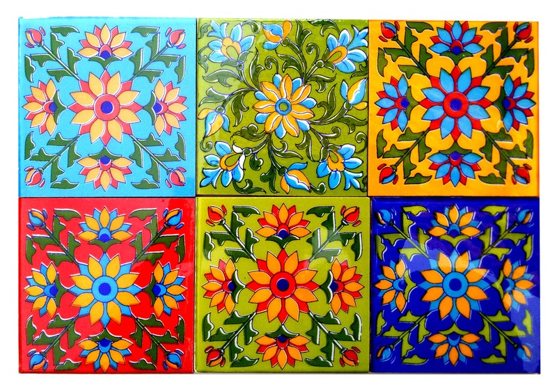 Shiv Kripa Blue Pottery Home Decorative Ceramic Tiles Backsplash Mural Panel for Kitchen Washroom Mosaic 4 x 4 Inch Pack of 6 (Multi) - Image 1