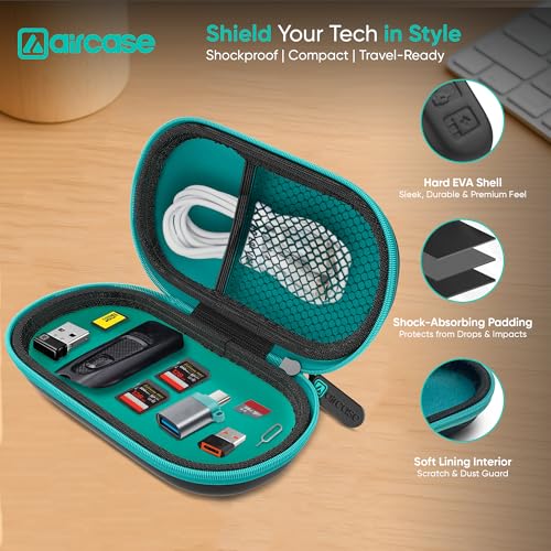AirCase Protective Pendrive & Memory Card Storage Case, Shockproof EVA Hard Shell Small Tech Pouch with Smooth Zipper & Rubber Puller for USB Flash Drives, Memory Cards & OTG Adapters (Green Zip) - Image 2