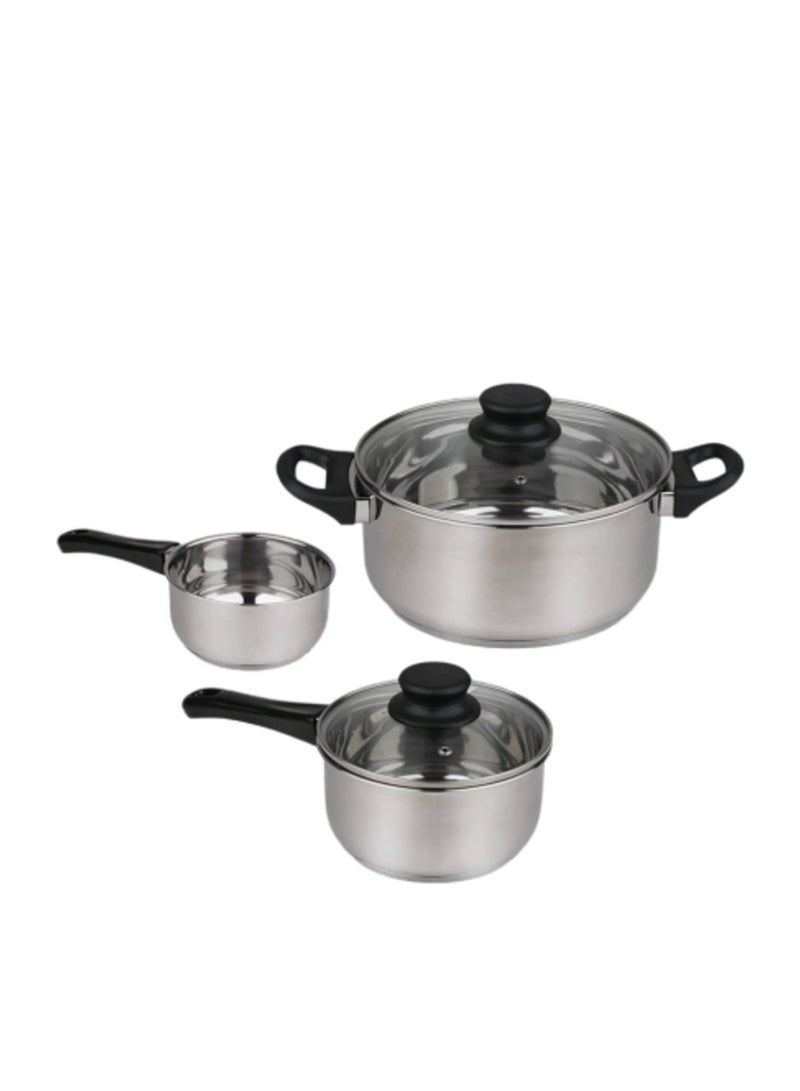 طقم قدور ستانلس ستيل 3 قطع بأغطية زجاجية – طقم اواني طهي ومقلاة – تصميم أنيق بقاعدة متينة لتوزيع الحرارة بالتساوي، مناسب للطهي اليومي على جميع أنواع المواقد - Image 4