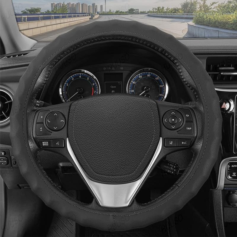 HUUSO Black Microfiber Leather Steering Wheel Cover, Finger Grip Design, Breathable, Anti-Slip, Odorless, Compatible with Toyota Innova Hycross (2022) - Image 1