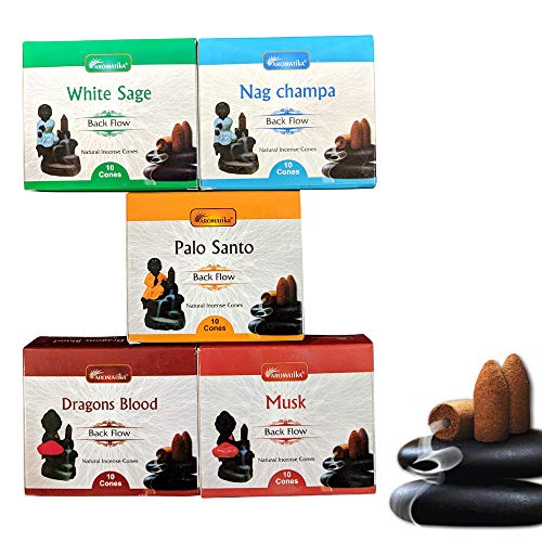 Aromatika Natural Backflow Incense Cones, 5 Packs 5 Fragrances 50 Pcs, (Nag Champa, Dragons Blood, White Sage, Palo Santo, Musk) | Pack 'A' - Image 1
