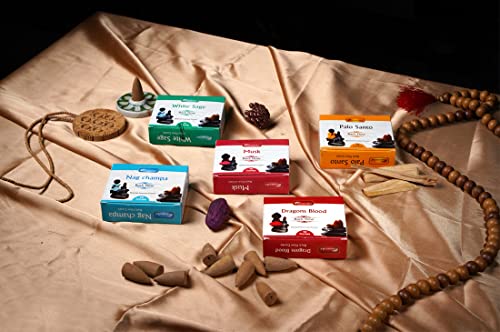 Aromatika Natural Backflow Incense Cones, 5 Packs 5 Fragrances 50 Pcs, (Nag Champa, Dragons Blood, White Sage, Palo Santo, Musk) | Pack 'A' - Image 5
