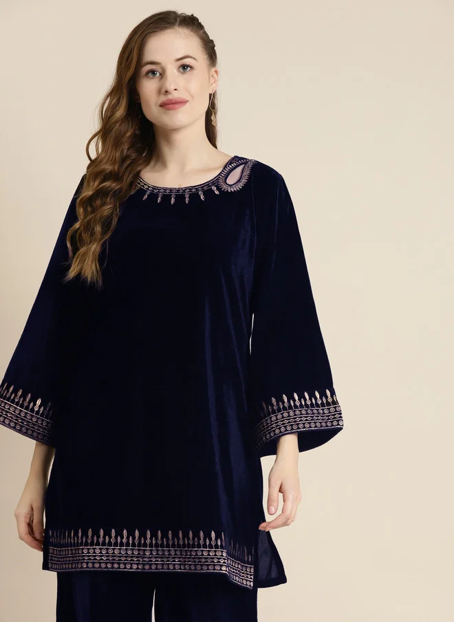 SASSAFRAS Navy Blue Velvet Kurti for Women