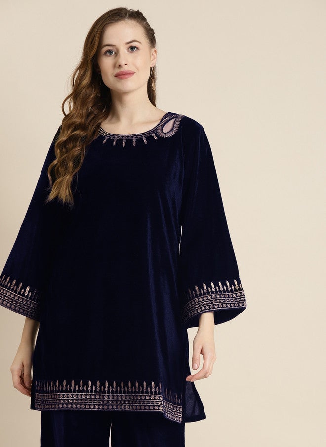 SASSAFRAS Navy Blue Velvet Kurti for Women - Image 1