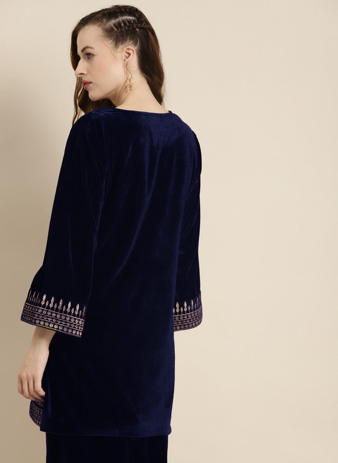 SASSAFRAS Navy Blue Velvet Kurti for Women - Image 4