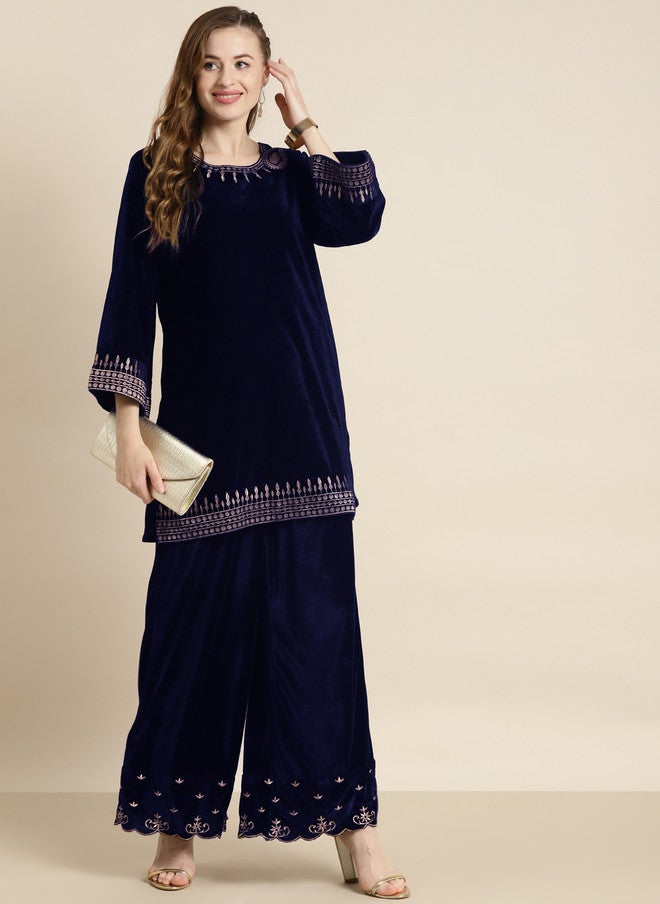 SASSAFRAS Navy Blue Velvet Kurti for Women - Image 5
