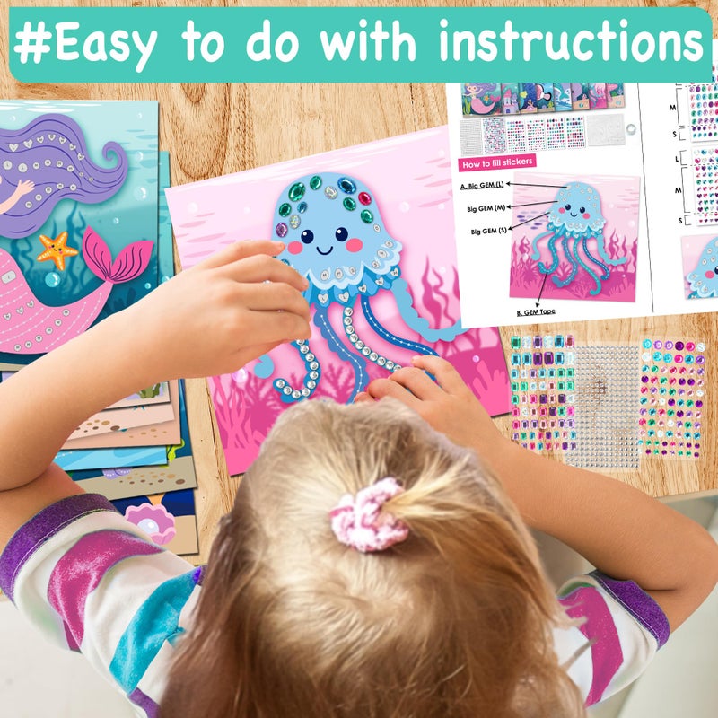 EZCRA Easy Mermaid Gem Sticker Crafts for Kids Ages 4-8 - 800 Sparkly Stickers, 8 Underwater Themes - Arts and Crafts for Kids, DIY Activity, Birthday Gift for Girls - Image 5
