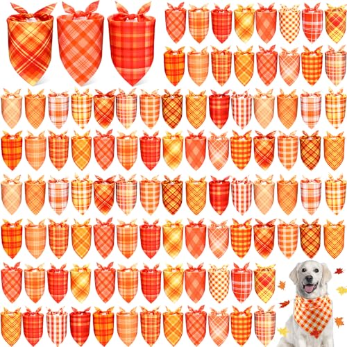 Abbylike 100 Pcs Orange Plaid Dog Bandanas Bulk Warm Color Palette Bandanas for Dogs Triangle Kerchief Bib Scarf for Pet Party Costume Photo Props Accessories Pet Shops Groomers Services 25 Styles - Image 1