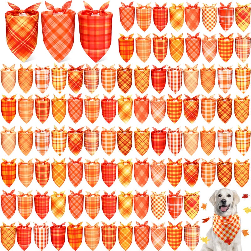 Abbylike 100 Pcs Orange Plaid Dog Bandanas Bulk Warm Color Palette Bandanas for Dogs Triangle Kerchief Bib Scarf for Pet Party Costume Photo Props Accessories Pet Shops Groomers Services 25 Styles - Image 2