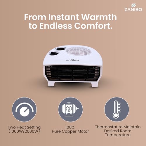 Zanibo | Since 1997 | 2000 Watt Portable Electric Room Fan Heater with 2 Heating Settings (1000/2000W) | Adjustable Thermostat, Overheat Protection | Fast Heating for Office (ZEH-1120) - Image 3